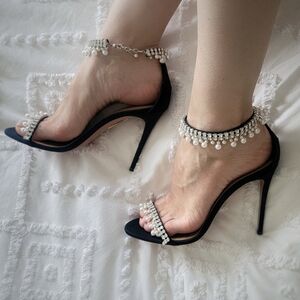 Aquazzura Black Canvas Crystal and Faux Pearl Embellished Ankle Strap (size 8)